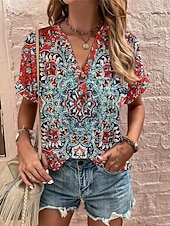 abordables T-shirt Boho-Women's T Shirt Tee Top Buttons Print Floral Graphic Bohemia Vintage Stylish Short Sleeve V Neck Long Tops Daily Going out Weekend Blue Wine Red Navy Blue Summer Spring