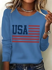 Χαμηλού Κόστους Ημέρα Ανεξαρτησίας Κορυφή-Ημέρα Ανεξαρτησίας Πατριωτικό Γυναικείο T-Shirt Εκτύπωση Γραφικό Σημαία Αμερικανικής Σημαίας Μοδάτο Κλασικό Καθημερινό Μακριά Μανίκια Crew Neck Κανονικά Tops Καθημερινό Μπλε Μαύρο Λευκό Κόκκινο