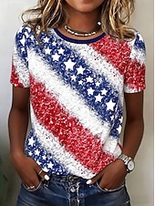  Ημέρα Αμερικανικής Ανεξαρτησίας Γυναικεία Μπλουζάκι Στάμπα Γραφική Γράμμα Αμερικάνικη σημαία Βίντατζ Στυλάτο Κλασσικό Κοντομάνικο Στρογγυλή Ψηλή Λαιμόκοψη Κανονικά μπλουζάκια Καθημερινά