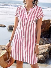 tanie Sukienki-Damskie Sukienka do kolan Sukienki z lnianego materiału Sukienka koszulowa Codzienne sukienki Elegancja Moda Nowoczesny Na zewnątrz Urlop Wyjściowe Regularny Równina Krótki rękaw W serek Niebieski