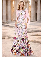 preiswerte Bodenlänge-A-Linie Bodenlang Kleid für Hochzeitsgäste Chiffonkleid Brautmutterkleid Ärmellos U-Boot-Ausschnitt Elegant Vintage Einfach Formell Chiffon Spitze Schals mit 3D-Blumen Stickerei Applikationen