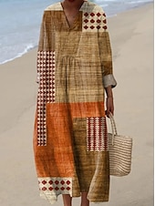 cheap Stripe&amp;Geometric Dress-Women's Maxi Dress Sundress Shift Dress Vacation Casual Beach Going out Loose Fit Graphic Geometric Abstract Long Sleeve V Neck Blue Brown Khaki Summer Spring