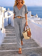 levne Základní sady falešných koordinačních kalhotek-Dámské Sady kalhot Bolero Top Imitace bavlny a lnu Poloviční rukáv Do V Pevná barva Módní Šik ven Ležérní Denní Venkovní Šedá Léto Běžný