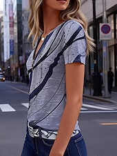 Per donna Maglietta Cerniera Stampato Grafico Geometrico Vintage Moda Elegante Manica Corta Scollo a V Top Regolari Quotidiano Uscire Weekend Blu Estate Primavera