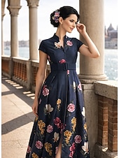  A-Line Floor Length Wedding Guest Dress Formal Dresses Flare Dress Mother of the Bride Dress Short Sleeve V Neck High Split Mother Of The Bride Formal Wedding Guest Satin with Floral Print Slit Pocket