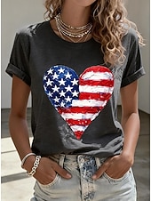  Amerikanska självständighetsdagen Dam T-shirt Mönster Grafisk Amerikanska flaggan Vintage Stylish Klassisk Kortärmad Rund hals Vanliga toppar Dagligen Helgen Blå Svart Vit Rubinrött Sommar Vår Höst