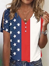  Jour de l'Indépendance Américaine Femmes T-shirt Bloc de Couleur Imprimé Graphique Drapeau ancien Élégant Classique Manche Courte Col en V Hauts Réguliers Quotidien Sortir Week-end Bleu Rouge Rouge
