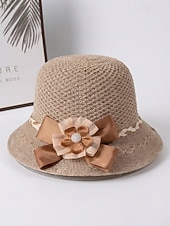 levne Dámské klobouky-Dámský skládací bohémský slaměný klobouk proti slunci – lehká prodyšná polyesterová plážová čepice s květinovou mašlí, více barev pro letní dovolenou, běžné nošení i cestování