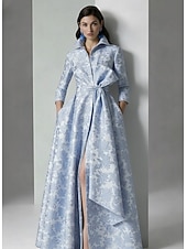 halpa A-linjaiset iltapuvut-A-linja Kokopitkä Iltapuku Tyylikäs Kimalteleva Silkkinen Pitkähihainen Paitapuserokaula-aukko Puutarhajuhlat Häät Tasku Jakardi kanssa Kukkapainatus Rusetti(rusetit) Halkio