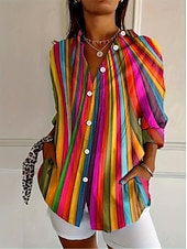 billiga Randiga och geometriska blusar-Dam Skjorta Blus Lappverk Knappar Mönster Grafisk Geometrisk Rutig Vintage Tropisk Dagligen Långärmad Tröjkrage Långa toppar Dagligen Blå Svart Rubinrött Marinblå Orange Sommar Vår