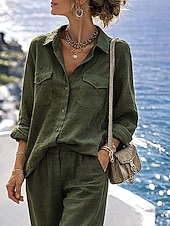 preiswerte Blusenanzüge für Damen-Damen Hosen-Sets Bolero Langarm Hemdkragen Einfarbig Mode Streetwear Lässig Täglich Outdoor Armeegrün Sommer Lässiger Schnitt