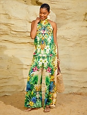 preiswerte weites Bein und hohe Taille-Tropical Temptation Seidensatin-Leopardenhose