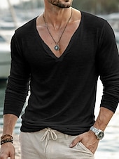 preiswerte Baumwoll-Leinen T-Shirts-Herren Henley Hemd Leinen-T-Shirt Langarm V Ausschnitt Sommer Frühling Einfarbig Vintage Böhmische Lässig Rein Lässig Urlaub Straße Schwarz Weiß Hellgrün Top T-Shirt für Herren
