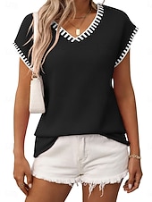 Χαμηλού Κόστους Στερεά Χρώματα-Γυναικεία Πουλόβερ Κομψό Μοντέρνα Κομψό στυλ street Συμπαγές Χρώμα Λαιμόκοψη V Πλεκτό Κοντομάνικο Κανονικά μπλουζάκια Πλέκω Καθημερινά ΕΞΩΤΕΡΙΚΟΥ ΧΩΡΟΥ Σαββατοκύριακο Μαύρο Ανθισμένο Ροζ