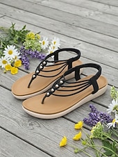 baratos Sandálias Confortáveis-Sandálias femininas de dedo com tiras e palmilha acolchoada, sandálias rasteiras com tira elástica no calcanhar, estilo casual e confortável para o verão, ideais para caminhadas, férias, praia e