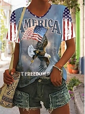 baratos Dia da Independência Top-Dia da Independência Americana Mulheres Camiseta Imprimir Gráfico Bandeira Vintage à moda Clássico Manga Curta Decote V Tops longos Diário Preto Branco Azul empoeirado Verão Primavera