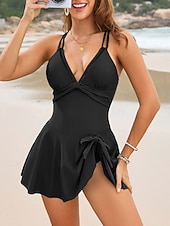 preiswerte Schwimmresse-Damen Badeanzug Einteiler Badeanzugkleid Bademode Bauchkontrolle Hohe Taille Schlank Rückenfrei Urlaub Vintage Einfarbig V Ausschnitt Ärmellos Badeanzüge