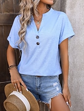 cheap Plain Blouses-Women's T Shirt Tee Top Buttons Plain Fashion Stylish Classic Short Sleeve V Neck Regular Tops Daily Going out Weekend Black Pink Sky Blue Fuchsia Green Summer Spring