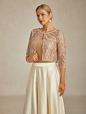 お買い得  レーストップ-女性用 ジャケット パーティー レース フラワー カジュアル／普段着 エレガント レギュラー アウターウェア 七分袖 夏 シャンパン S