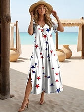  يوم الاستقلال الأمريكي نسائي فستان طويل فستان شيفت فستان خفيف فستان تيشيرت العطلة كاجوال مناسب للعطلات فضفاض صالح الرسم العلم الأمريكي كم قصير V رقبة أزرق أبيض أحمر أزرق داكن الصيف الربيع