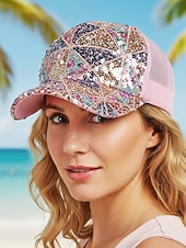 baratos Acessórios de férias-Boné feminino multicolorido estilo boho com lantejoulas, poliéster respirável, perfeito para férias e uso casual no dia a dia.