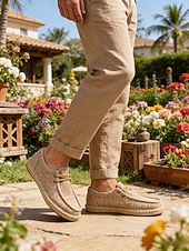 voordelige Heren-Beige casual loafers voor heren, lichtgewicht ontwerp met elastische veters, comfortabel en stijlvol voor buitenactiviteiten in resorts en zomervakanties.