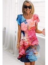 billiga Chiffongklänningar-Dam Midiklänning Sommarklänning Klänning med tryck Elegant Dagligen Normal Blommig Geometrisk Kortärmad Rund hals Ljusgul Ljusrosa Ljusrosa Dammig ros Sommar