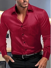 お買い得  メンズサテンシャツ-男性用 シャツ サテンシャツ ドレスシャツ ボタンアップシャツ プロムシャツ 純色 ビジネス 結婚式 ブルー 長袖 折襟 オールシーズン 衣類