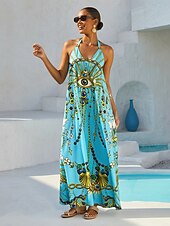 abordables vestido casual estampado-Vestido largo de tirantes de satén sedoso con joyas vintage