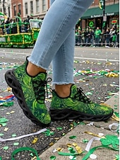 billiga Kvinno skor-Gröna keltiska sneakers med snörning för damer, St. Patrick's Day - Lätta, vadderade promenadskor för irländska festivaler, parader, fester och resor &amp;vardagskläder
