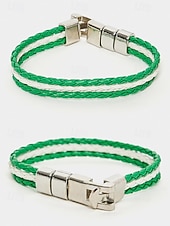 お買い得  聖パトリックの日-男性用のセントパトリックスデー編み込みフェイクレザーブレスレット、グリーンとホワイトの編み込みリストバンド、メタルクラスプ付き、男性用カジュアルアイリッシュスタイルジュエリー、ホリデーパレード、パーティー、お祭りの装いに最適