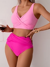 economico Bikini-Per donna Costumi da bagno Bikini Due pezzi Costume da bagno Arricciato Senza schiena Vacanza Abbigliamento da Spiaggia Semplice Scollo a V Senza Maniche Costumi da bagno