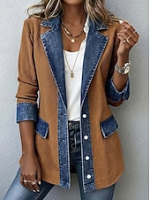 baratos jaquetas casuais-Mulheres Jaqueta de Veludo Jaqueta casual Blusão de ganga Confortável Respirável Patchwork Bloco de cor Botões Moda Casual Bloco de cor Casual Rua Roupa Diária Padrão Aberto para a Lateral Normal