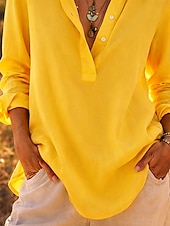 abordables Chemises de Luxe-Femmes Chemisier Chemise en coton 100% Coton Boutons Couleur Unie Élégant Basique Occasionnel manche longue Col de chemise Hauts Réguliers Quotidien Bleu Blanche Jaune Rose Claire Vert Printemps