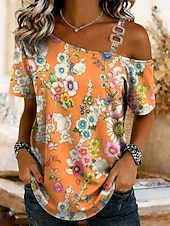 ieftine Tricou cu dungi și geometric-Pentru femei Tricou Grafic Imprimare de marmură Tropical Hawaiană Casual Manșon scurt Pe Umăr Gât asimetric Topuri lungi Zilnic Sport Ieșire Albastru piscină Galben Portocaliu Trifoi Vară Primăvară