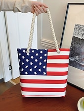  Verenigde Staten 250e Verjaardag Dames Canvas Amerikaanse Vlag Tote Bag Grote Capaciteit Rits Top Schouder Handtas met Touwhandvatten Strandvakantie  Dagelijks Casual Gebruik