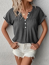 economico T-shirt semplice-Per donna Maglietta Bottoni Semplice Moda Elegante Classico Manica Corta Scollo a V Top lunghi Quotidiano Uscire Weekend Blu Nero Viola Verde Caffè Estate Primavera