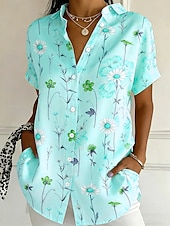 Χαμηλού Κόστους Λουλουδάτες μπλούζες-Γυναικεία Πουκάμισο Κουμπιά Στάμπα Φλοράλ Γραφική Βίντατζ Στυλάτο Μοντέρνα Κοντομάνικο Κολάρο Πουκαμίσου Κανονικά μπλουζάκια Καθημερινά Θαλασσί Κίτρινο Ανθισμένο Ροζ Βυσσινί Πράσινο του τριφυλλιού