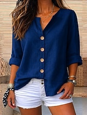 abordables Camisas de Lujo-Blusa de mujer 100% algodón con botones, color liso, para uso diario informal, manga 3/4, cuello en V, tops regulares, para uso diario, negro, blanco, rojo, naranja, verde, verano, primavera, otoño