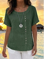 baratos Camisas-Women's Shirt Cotton Blend Blouse Buttons Plain Basic Modern Short Sleeve Crew Neck Regular Tops Daily Holiday Blue White Pink Orange Green Summer