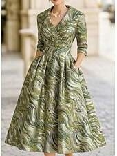 baratos Comprimento do chá-Linha A Longuette Vestido de festa Vestido Coquetel Vestido de convidada de casamento Vestidos de noite Elegante Vintage Manga 3/4 Colarinho de Camisa Casamento Formal Jacquard com Bolsos