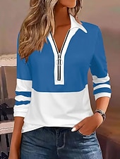 cheap Stripe&amp;Geometric Blouses-Women's Blouse Zipper Striped Stylish Casual Long Sleeve Turndown Regular Tops Daily Blue Black Wine Brown Green Spring Fall