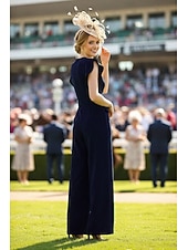 cheap Mom's Jumpsuits-Jumpsuit Pantsuit Ankle Length Derby Dress Mother of the Bride Dress Sleeveless V Neck Elegant Kentucky Derby Stretch Fabric with Ruffles Tier Ruching