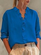 cheap Shirts-Women's Linen-feel Shirts Blouse Ruffle Solid Color Stylish Basic Casual Long Sleeve V Neck Regular Tops Daily Blue White Pink Royal Blue Green Spring Fall