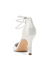 Недорогие Невеста-Женские серебристые атласные туфли на каблуке с острым носком и жемчужными ремешками на щиколотке, элегантные свадебные туфли для пляжной свадьбы.