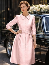 preiswerte Teelänge-Schlauchkleid Knielang Partykleid Cocktailkleid Kleid für Hochzeitsgäste Brautmutterkleid Dreiviertelarm Hemdkragen Elegant Minimalistisch Hochzeitsgast Cocktailparty Formeller Abend Stretch Satin mit