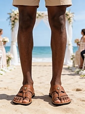 abordables sandalias-Sandalias elegantes de piel sintética para hombre: diseño de correa ajustable, ideales para bodas en la playa y eventos al aire libre.
