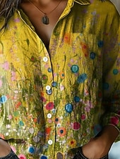 abordables Blusas Florales-Mujer Camisa Lino de algodón sintético Botones Estampado Floral Graphic Bohemia Activo Casual Manga Larga Cuello Camisero Tops regulares Diario Festivos Amarillo Primavera Otoño