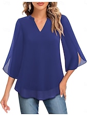 cheap Plain Blouses-Women's Blouse Solid Color Elegant Stylish Casual 3/4 Length Sleeve V Neck Regular Tops Daily Pink Wine Red Royal Blue Green Summer Spring