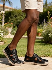baratos Homens-Sandálias masculinas de couro sintético para uso externo, com design respirável, ideais para férias de verão e passeios casuais.